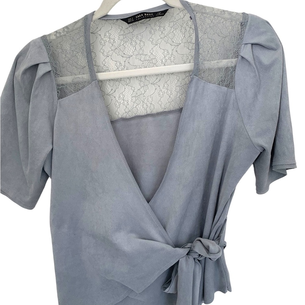 Zara Faux Suede Lace Wrap Top Dusty Blue Size S - Picture 9 of 12